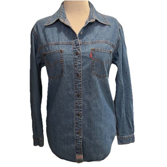 Levis Red-Tab Women's Denim Shirt M Long Sleeve Vtg Metal Snaps Western 90's Y2K - Picture 1 of 10